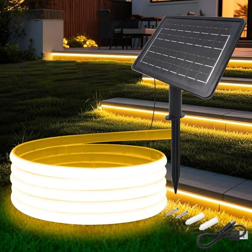 Wisada 24V COB LED Tira Solar [5m,Blanco Cálido 3000-3500K], 2400MAH Controlador de Panel Solar, 8 Modos, IP68 Impermeable Flexible FCOB LED Tira de Neón, Dormitorio Jardín Pasillo Decoración
