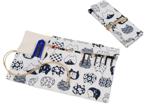Pencil Case Bag Canvas Pencil Case Plant Pattern Pen Curtain Pen Roll-White Cat