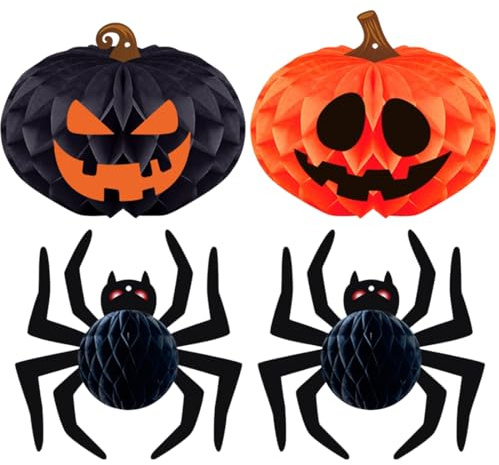 Teegxddy 4 Pezzi Zucca di Halloween Decorazione Horror, Decorazione a Nido d'ape 3D a Forma di Zucca/Ragno,Decorazioni Halloween Interno Esterno