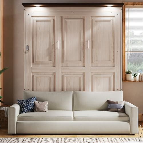 Modern Queen Size Murphy Bed Wall Bed with Spacious 2 Seat Sofa and Light, Traditional Solid Wood Murphy Cabinet Bedframe, Can be Folded, Space-Saving Design