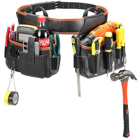 quipuda Ceinture Porte-Outils, étui Porte-Outils en Cuir véritable, Sac à Outils avec Porte-Marteau pour charpentiers, jardiniers, constructeurs de Structures, couvreurs, Artisans, électriciens