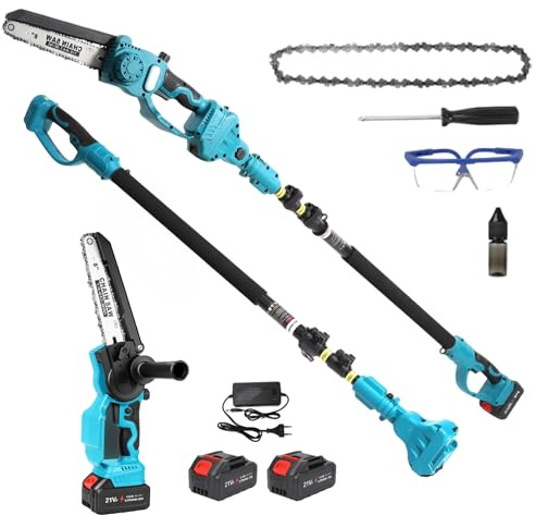 Mini Motosierra Telescopica, Motosierra Bateria 2 en 1,Sierra Electrica Podar Arboles Équipé de 2 Batteries de 4000 mAh, Angle Réglable du Bras Télescopique, Hauteur de Travail Jusqu'à 4,8 m