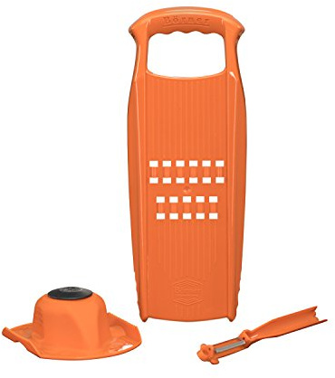 Börner Rösti PowerLine Reibe Set (3-tlg.) • Gemüsereibe + Fruchthalter + Sparschäler • Gemüsehobel für Rösti, Zucchinipuffer, Kartoffelpuffer • Kartoffel Küchenhobel • Farbe: Orange