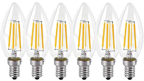 6er Pack E14 Kerze LED Lampe für Kronleuchter, E14 Glühfaden Retrofit Classic, 4W 400 Lumen ersetzt 40 Watt, 2700K Warmweiß, Filament Fadenlampe, Nicht Dimmbar…