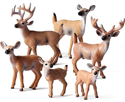 KEYUM 6 Pack Deer Figurines Toy, Forest Animals White-Tailed Deer Family Figures, Plastic Woodland Creature Cake Topper for Baby Shower Birthday Decoration