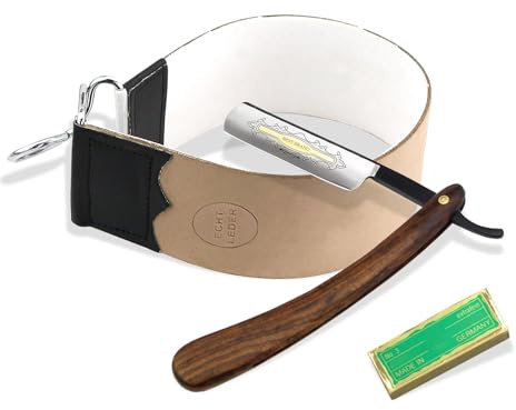 Herren Rasiermesser-Set als klassisches Nass-Rasur-Set mit Solingen Paste | 3-Teiliges Rasiermesser-Set mit 2-seitigen Streichriemen, gehärtete Stahl Klinge und schwarzen Klingenrücken & Solinger Paste
