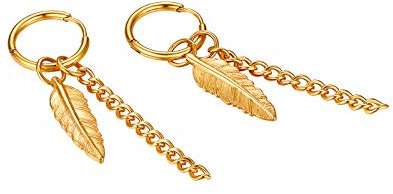 JewelryWe Schmuck Creolen Ohrringe Blatt Feder Kette Anhänger Edelstahl Ohrstecker Pierced Ohrhänger für Herren Damen, Schwarz/Gold/Silber