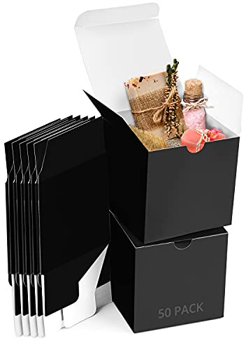 Belle Vous Svarta Kraft Presentlådor (50 Pack) – Lådan är 7,5 x 7,5 x 7,5 cm – Enkel Montering Fyrkantigt Utseende Bjudningslåda – Fester, Födelsedag, Bröllop, Semester