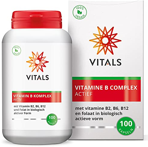 Vitals - Vitamin B Komplex Aktiv 100 Kapseln mit B1, B2, B3, B5, B6, B12, Biotin, Cholin, Inositol, PABA und Folat in Biologisch Aktiver Form. 100% Vegan.