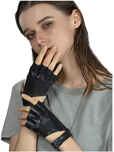 FIORETTO Womens Fingerless Leather Gloves for Driving Motorcycle Unlined Half Finger Punk Gloves Black Medium