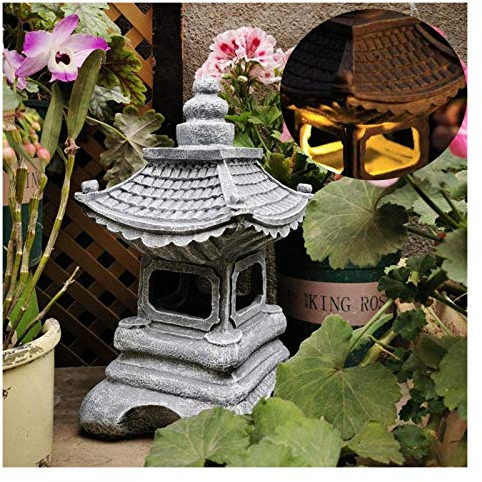 Uziqueif Lanterna a Pagoda Giapponese da Esterno LED con Ornamento - Lampada Solare da Giardino in Stile Giapponese, Grigio