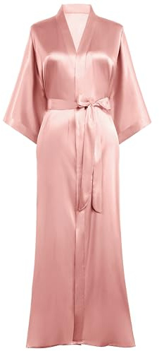 PRODESIGN Dam satin kimono rock – lång med bälte, enfärgad lätt nattlinne sovrock, Ljusrosa, one size