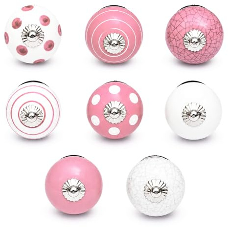 Set di 8 pomelli in ceramica nei colori bianco e rosa, dipinti a mano con diversi disegni. Maniglie artigianali per armadi, cassetti, cassettiere e appendiabiti. Pomelli classici da 40 mm di diametro