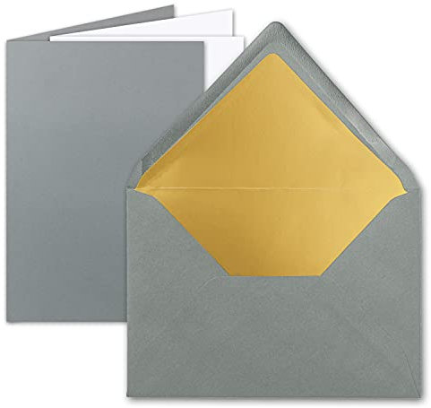FarbenFroh by GUSTAV NEUSER 50 Sets - Faltkarten DIN A5 - Dunkelgrau (Graphit Grau) mit Umschläge DIN C5 mit Gold Metallic Futter und weißen Einleger - 14,8 x 21 cm