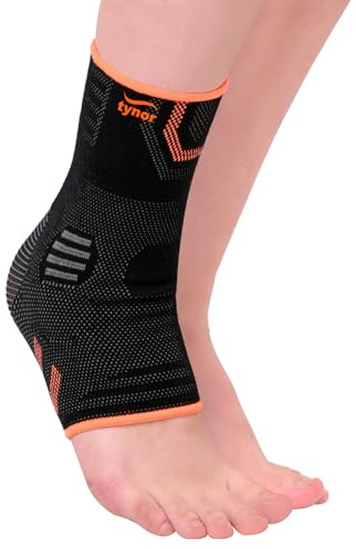 TYNOR Fuß- & Sprunggelenkbandage bei Verstauchung, verstellbare Neopren-Kompressionsbandage – Sprunggelenkstütze für Damen & Herren bei Sehnenentzündung & Arthritis, Sport – Schwarz & Orange, M
