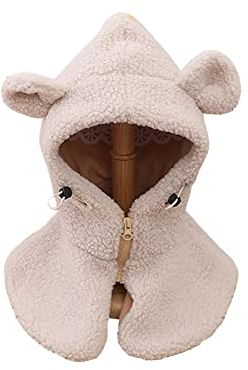 Warm Mütze und Schal Set für Kinder Jungen Mädchen 2-5 Jahre, Kinder Beanie Wintermütze Warm Niedlich Schlupfmütze Hut Kinder Fleecefutter Schalmütze Cartoon Kapuzenschal,Beige