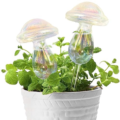 KiKiHeim 2 Pcs Plant Watering Globes Colorful Mushroom Self Watering Globes, Automatic Plant Waterer Hand Blown Glass Watering Bulbs for Indoor Plants