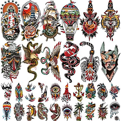 77 Blätter Temporäre Tattoos für Männer und Frauen, Klassisch Halber Arm Schlange Adler Wolf die Blumen fake tattoos Realistisch Gefälschte Aufkleber Long Lasting für Kinder Erwachsene