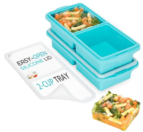 XOMOO Silicone Freezer Tray With Lid-Soup Freezer Container molds-2-cup Extra Large Ice Cube Tray-makes 4 perfect 500ml portions cubes, For freezing soup,stews,sauces.Oven&Dishwasher-Safe(2-Pack)