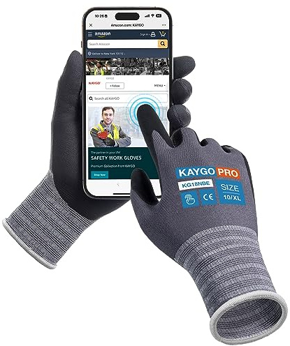 KAYGO Safety Work Gloves MicroFoam Nitrile Coated Touchscreen, KG18NBE | 3 Pairs Working Gloves with Oil Resistant Grip on Palm, for Men Women, Ideal for General Purpose Automotive (Gray, XL)