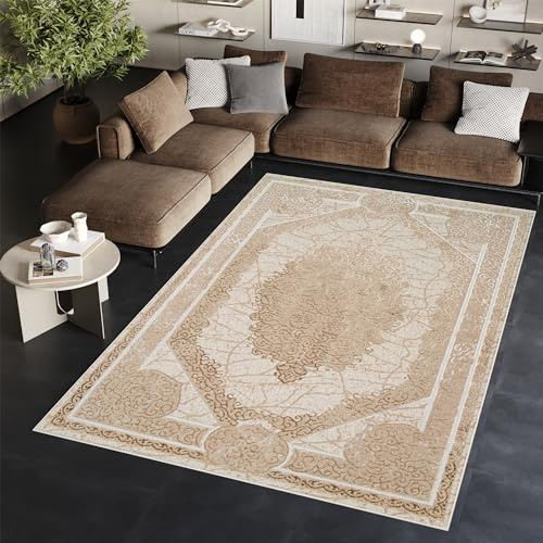 TAPISO Ares Teppich Kurzflor Glänzend Braun Beige Ornament 300 x 400 cm | Bordüre Barock Klassisch 3D Effekt Wohnzimmer Schlafzimmer OEKO-TEX
