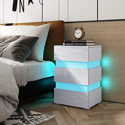 Moderner Nachttisch Weiß Hochglanz mit LED & 3 Schubladen Push-to-Open, Nachtschrank Kommode 45x35x67 cm, Großer Stauraum für Schlafzimmer & Wohnzimmer Sofa Tisch mit Beleuchtung