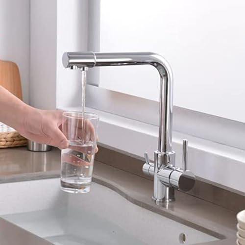 ZYCDP 3 Wege Wasserhahn Küche, 2 Wasserauslässe, Küchenarmatur 360 Drehbare, Trinkwasser 3 Wege Küchenmischbatterien, Chrom