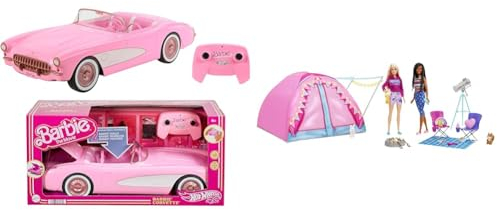 Barbie HOT Wheels R/C Corvette - ferngesteuertes Auto & Let's Go Camping Zelt, 2 Puppen, 1x blond, 1x schwarz