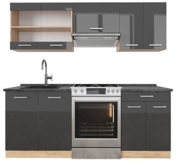 Vicco Küchenzeile R-Line, Anthrazit Hochglanz/Goldkraft Eiche, 200 cm | 5 Module · Höhenverstellbare Füße · AP Anthrazit inkl. · Robuste Fronten · Mit Glasschrank · Frei kombinierbar