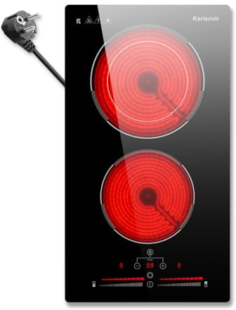 Karienvir Piano Cottura Vetroceramica 2 Fuochi, 30cm Piano Cottura in Vetroceramica a 2 Piastre con Spina, Fornello Elettrico Incasso 2 Piastre, blocco di sicurezza, timer, zona estesa, 3200 W