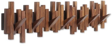 Acsigesn Wooden Coat Rack Wall Mounted Sticks Multi Rack Solid Handmade Natural Walnut Wood Artwork with 7 Flip-Down Unique Modern Hooks for Coats Bag Hat Umbrella