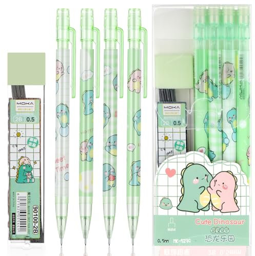 Mabor 4 Stück Niedlich Druckbleistift mit 1 Box Ersatzminen Nachfüllungen Set Cute Minenbleistift 0,5 mm mit Radiergummis Kawaii Automatische Mechanische Stifte für Schreiben Skizzieren