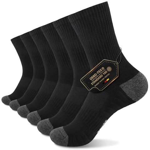 TUUHAW Tennissocken Herren 39-42 Lang Sportsocken Laufsocken Baumwolle Dicke Socken Wandersocken Damen Schwarz Socken Verdickte Frottee Baumwollsocken 6 Paar, Schwarz 39-42