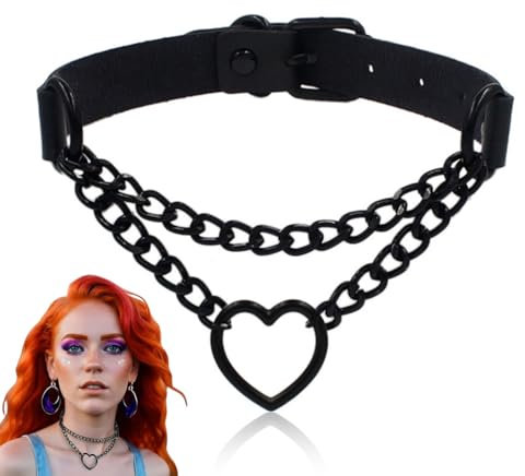 XUZOPIM Schwarzer Gotischer Choker Halskette mit Herzen-PU-Leder-Kette - anpassbarer Retro-Kragen für Frauen und Mädchen