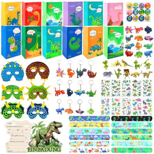 O-Kinee Dino party present barn födelsedag, ge bort barns födelsedag barn med dino snap armband nyckelring presentpåse mini dinosauriefigurer och tatueringsklistermärken