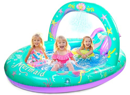 SULIFEEL Mermaid Inflatable Play Center Kiddie Pool with Slide and Sprinkler for Children, 96''x59''x39'' Baby Pool for Backyard and Garden