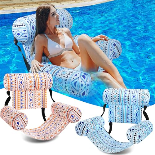 Blueweenly 2 Pack Inflatable Pool Float for Adult Adjustable Hammock Float Chair Fabric Pool Lounge Chairs Blow up Water Chairs Rafts for Summer Swimming Party Fun(Bohemia,Blue, Orange)