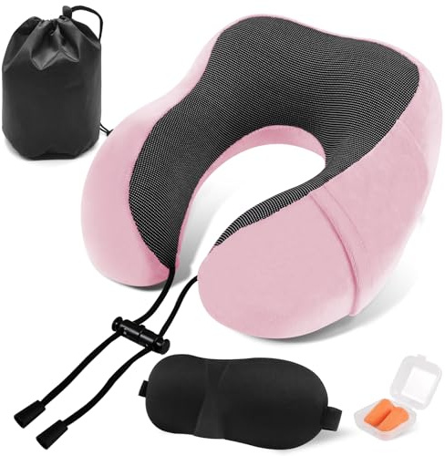 ARTREE Almohada de Viaje Cuello, Comfy Almohada Avion Viscoelastica de Espuma Memoria, Cojin Cuello Viaje con Máscara de Ojos, Tapones y Bolsa, Cojin Cervical Viaje para Tren Coche Viajando