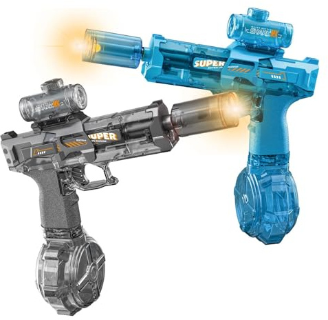 Electric Water Gun for Adults Kids, 2 Pack Automatic Squirt Watergun with Water Spray Sound and Led Lights, Summer Outdoor Water Pistol Pool Beach Party Toys for Boys Girls Transparent Black and Blue