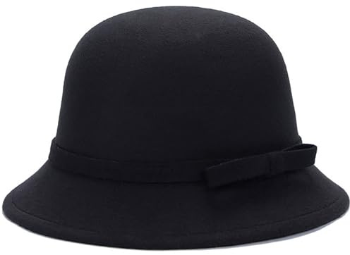 LXOrdora Womens Bowler Fedora 1920s Vintage Felt Cloche Dome Bow Top Hat Black