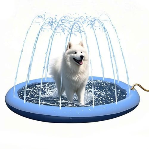 MEgegulo Pet Splash Pad Anti-Slip Dog Pools, outdoor sprinkling play mat for dog pet, portable inflatable water toy, summer wading pool garden party（Blue 100CM）