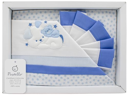 PASTELLO - 3-teiliges Kinderwagen, 100% Baumwolle für Neugeborene, Bettwäsche mit Stickerei (Art. LC7F, Himmelblau)