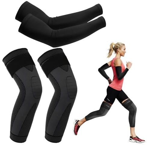 LEOINAER Manicotti per Braccia + Leggings Sportivi Uomo Donna + Design Longlegs + Supporto Regolabile + Taglia Unica + Nero Manicotti a Compressione per Gamba