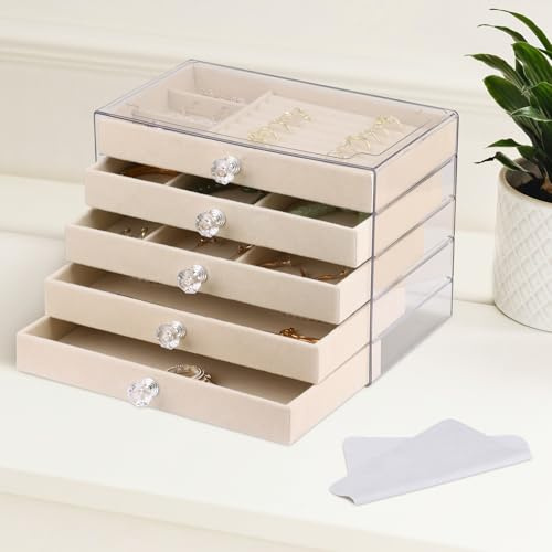 Vandicka Boîte à bijoux à 5 niveaux - Grande boîte à bijoux pour fille | 23,5 x 13,5 x 17,5 cm - Pour boucles d'oreilles, colliers, bagues, cadeau de mariage - Beige