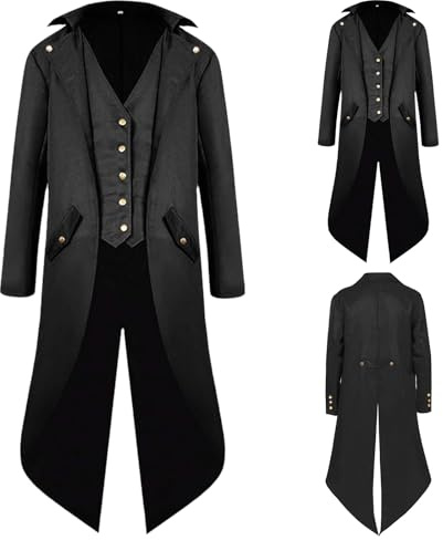 QEKFDOV steampunkdräkt för män, gotisk kappa, medeltida viktoriansk herrjacka, för karneval halloween, maskeradkostym (svart, 2XL)