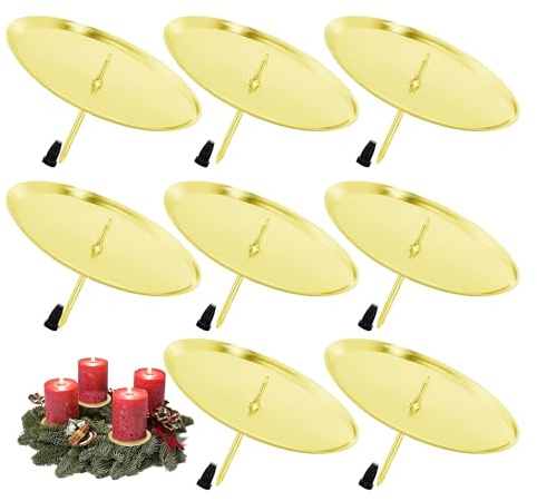 Chuner 8 st adventskrans, ljushållare, metall, ljusstake med spik – Ø 8 cm, för gör-det-själv adventskransdekoration, adventsjul, ljustallrik, adventsljushållare, guld