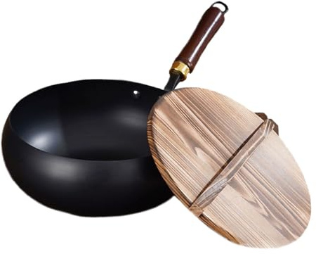 ZFFSCD Padella per Friggere, Padella Giapponese in Ferro, Padella in Ferro Non Rivestita per Cucinare, Cuocere al Forno, Friggere(Size:28cm,Color:Glossy Big Belly Pot + Wooden Cover)