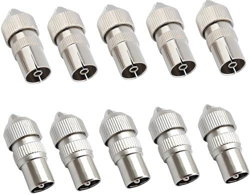 MejaRizon 10 pezzi in metallo per antenna TV, cavo coassiale, adattatore per antenna TV, 5 prese e 5 connettori, cavo coassiale femmina maschio, connettore antenna RF per cavo RF, nichelato