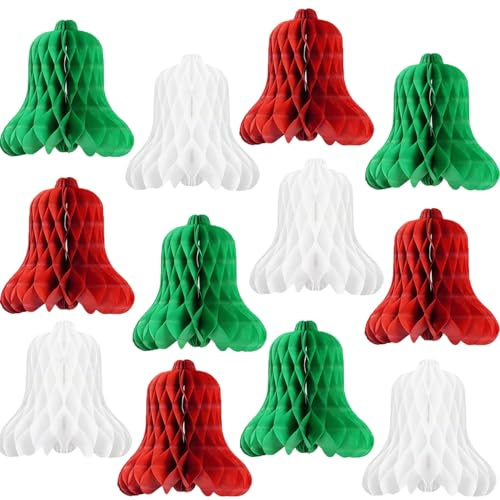 12 Stück Hängende Waben, Weihnachten Papier Wabenbälle Rot Grün Paper Pompons Seidenpapier Pompom Baumschmuck Weihnachten für Weihnachtsbaum Deko (12 rot grün weiß papierglocken)