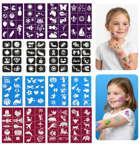 Plantillas de tatuaje para niños y adultos, 16 hojas, plantillas de henna con purpurina, plantillas para tatuajes